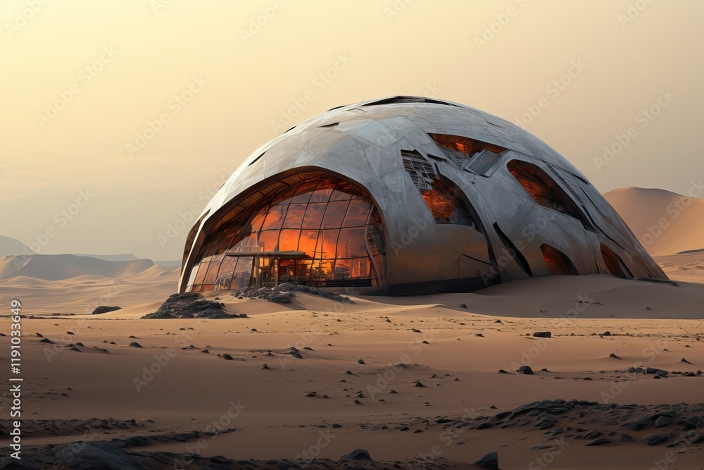 Poster futuristic mars architecture. modern building design on red planet. life on alien planet. space obse
