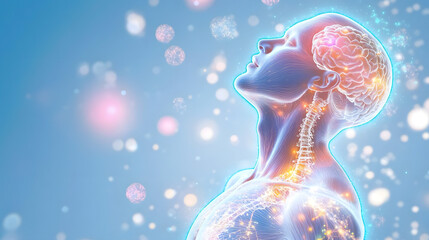 A human body infused with bioluminescent energy, representing successful cellular regeneration, with vibrant visualizations of health and vitality