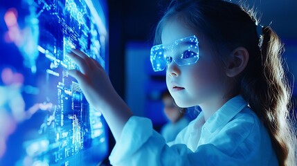 Young girl wearing futuristic glasses interacts with a digital interface in a tech lab