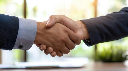 Close-up of hands shaking over a financial report, agreement between shareholders and executives, formal office setting, corporate partnership