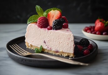 Delicious cheesecake slice garnished with fresh berries and mint leaves, presented on a stylish black plate, perfect for dessert or bakery imagery, evoking culinary delight