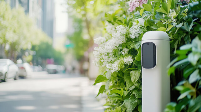 Futuristic digital stand in urban environment with blank screen for innovation concepts