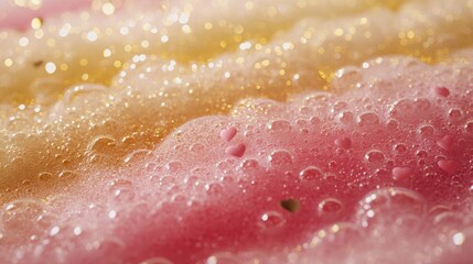 Valentine Day celebration with colorful foam bubbles in pink and yellow creating a festive and joyful atmosphere with shimmering sparkles