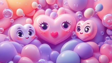 Valentine Day celebration with cute characters and colorful bubbles creating a joyful and playful atmosphere in a vibrant and whimsical design.