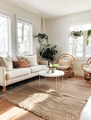Bohemian living room with a woven rug, rattan furniture, and an eclectic mix of colorful throw pillows and hanging plants.