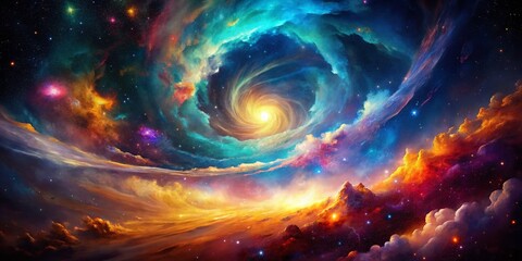 Obraz premium Silhouette of a Cosmic Swirl Nebula in Vibrant Hues
