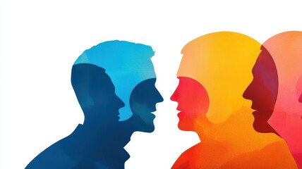 Group of shareholders debating a proposal (close up, focus on, copy space), lively shades, double exposure silhouette with speech bubbles