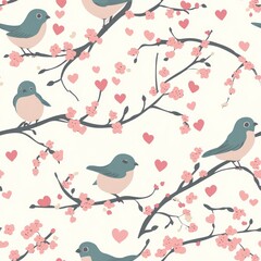 Charming Seamless Pattern Featuring Small Lovebirds on Branches Surrounded by Blossoms and Hearts, Perfect for Celebrating the Chinese New Year