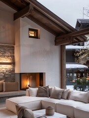 Cozy farmhouse-style living room with a white slipcovered sofa, exposed wooden beams, and a stone fireplace as the centerpiece.