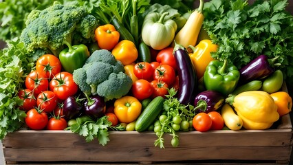 Fresh vegetables in a wooden box, top view, background, keto diet