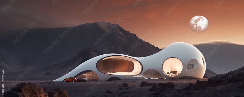 Poster futuristic mars architecture. modern building design on red planet. life on alien planet. space obse