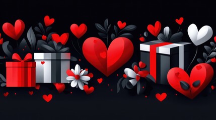 Valentine Day celebration with red hearts gifts and flowers in decorative elements on an elegant black background for a romantic atmosphere