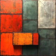 Abstract artwork; orange, green, and beige panels.