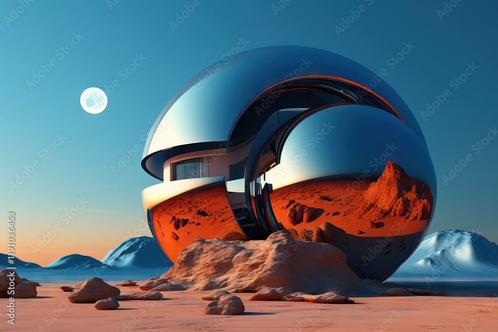 Poster futuristic mars architecture. modern building design on red planet. life on alien planet. space obse