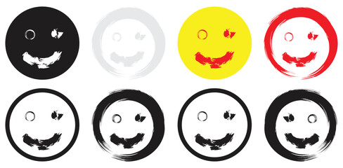 Brush Stroke Style Smiley Faces in Multiple Colors. Isolated On Transparent Background.