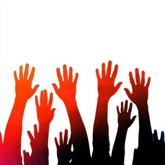 Shareholders voting during annual meeting (close up, focus on, copy space), vivid colors, double exposure silhouette with raised hands