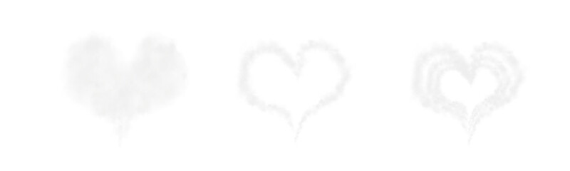 A set of different smoky grey fluffy heart shaped cloud on transparent background. Romantic golden translucent smoke floating in the shape of a heart. PNG.