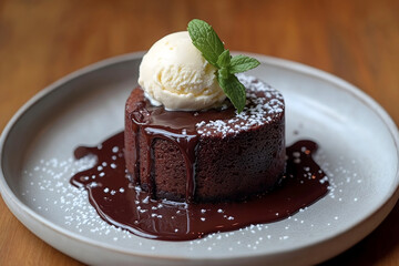 A chocolate lava cake served on a white ceramic plate, with gooey chocolate oozing from the center. Garnished with a scoop of vanilla ice cream, a sprig of fresh mint, and a drizzle of chocolate sauce