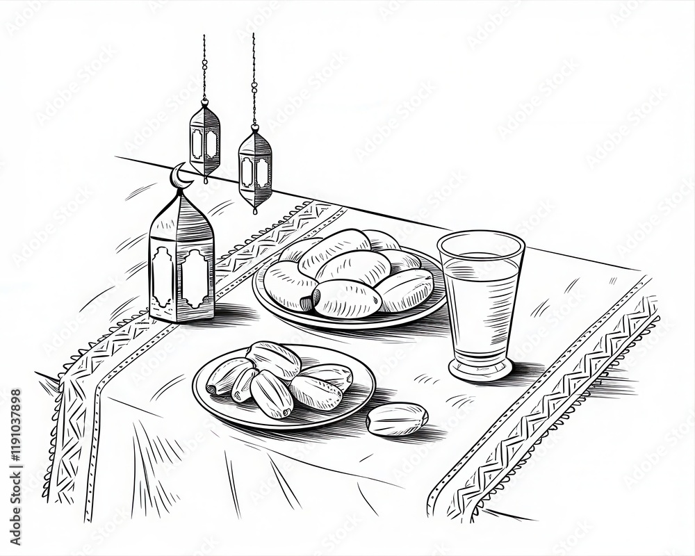 Poster ramadan table setting with dates and lanterns
