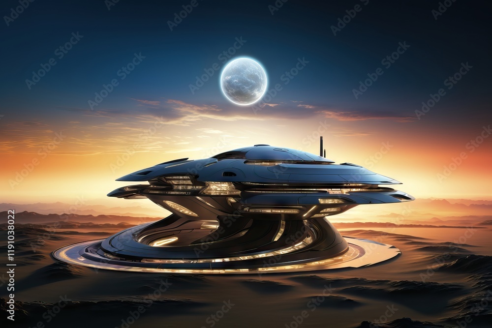 Poster futuristic mars architecture. modern building design on red planet. life on alien planet. space obse