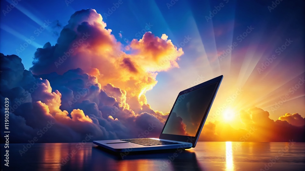 Poster silhouette of laptop user with virtual cloud computing concept