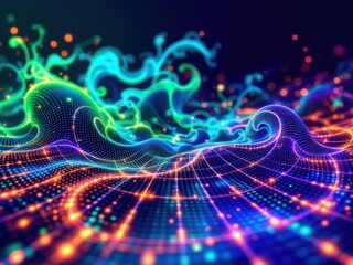 Vibrant Digital Waves on Futuristic Grid"
