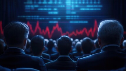 Large group of shareholders watching a presentation on financial performance, digital charts and stock market data, formal business meeting