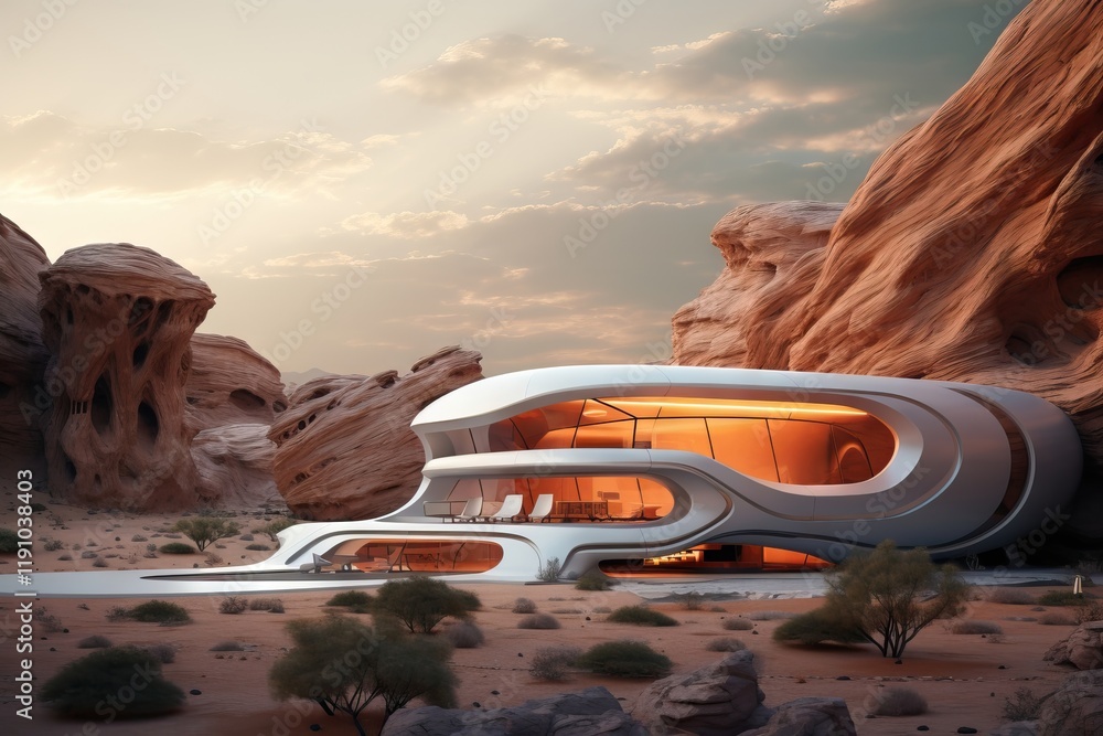 Poster futuristic mars architecture. modern building design on red planet. life on alien planet. space obse