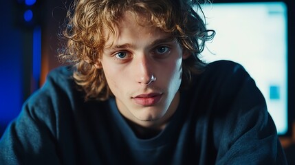 Young man with curly hair focused on the camera in a dimly lit room with a computer screen
