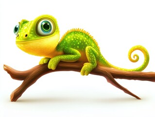 Fototapeta premium A cheerful green chameleon rests on a branch