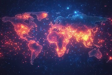 Detailed world map illuminated by colorful light patterns representing digital connections and...