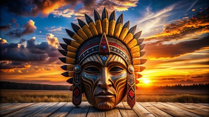 Silhouette of Native American Wooden Mask Totem against Sunset, Spiritual Indigenous Art