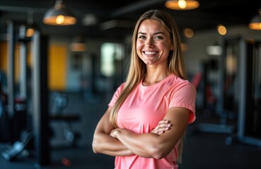 Fototapeta premium Happy female fitness coach stands in modern gym. Smiles confidently at camera with arms crossed. Healthy lifestyle concept. Active sport life in modern fitness center. Woman wearing pink activewear.