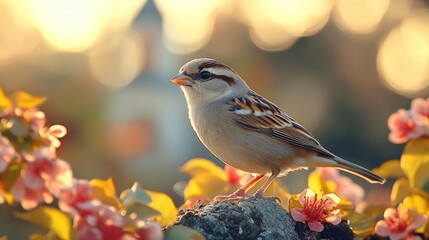 Sparrow perched, blooming flowers, sunset glow.