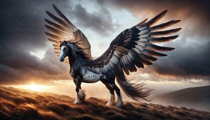 Obraz premium Majestic Pegasus with wide wings standing on a hill under dramatic skies