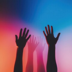 Obraz premium Shareholders voting during annual meeting (close up, focus on, copy space), vivid colors, double exposure silhouette with raised hands