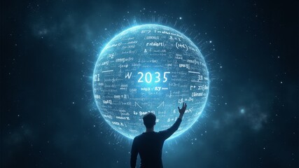 CGI illustration of a man pointing at a glowing, text-covered globe, representing "2035," set against a starry background.