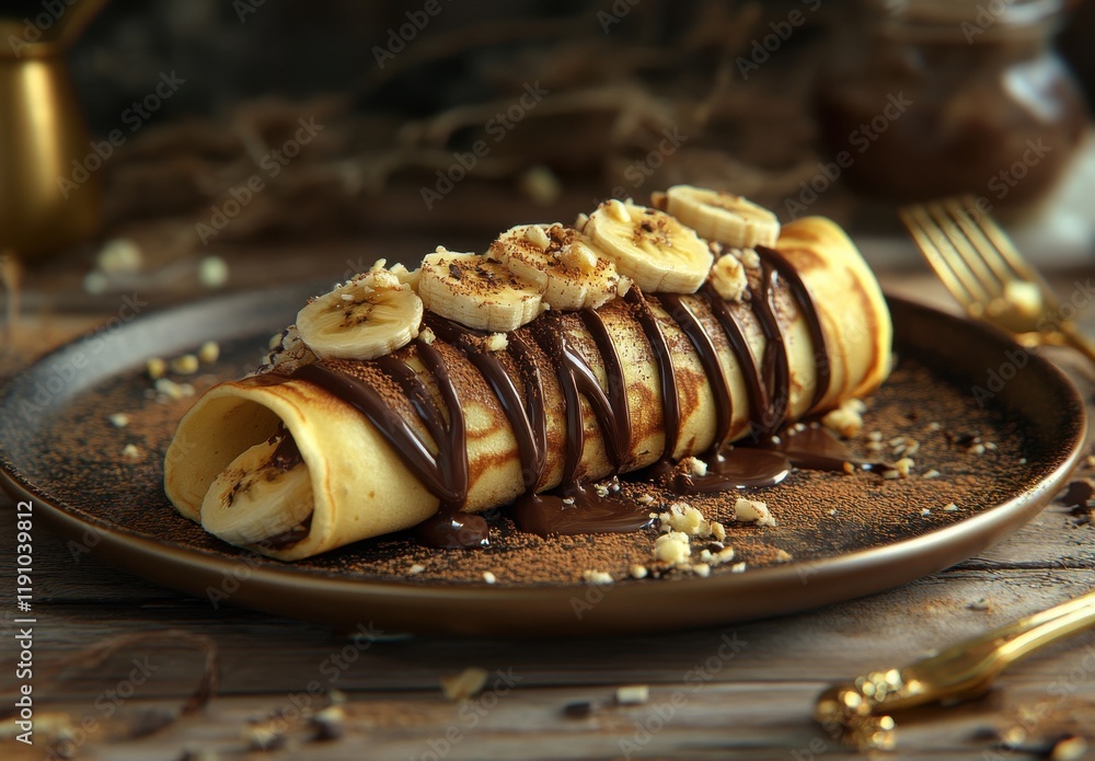 Poster delicious crepes with banana slices and chocolate sauce on a rustic plate surrounded by elegant tabl