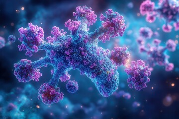 Colorful depiction of a virus surrounded by active particles in a microscopic environment