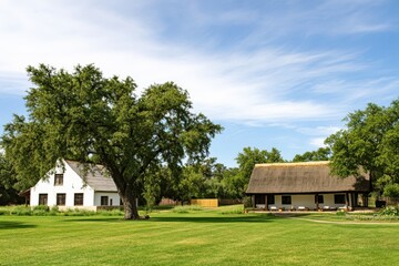 Obraz premium Beautiful countryside landscape showcasing traditional buildings surrounded by lush greenery and vibrant trees under a clear blue sky