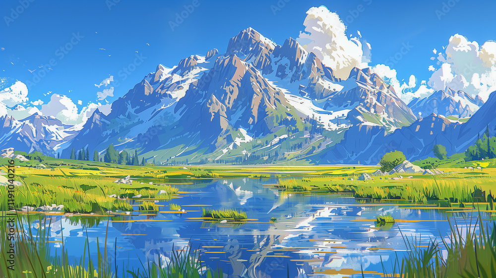 Poster breathtaking alpine landscape with snowy peaks and reflection..