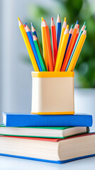 Fototapeta premium Colorful pencils in a holder on stacked books, blurred green background.