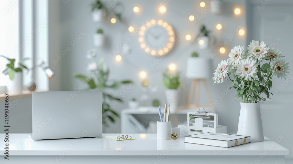 Poster minimalist workspace with flowers and soft lighting..