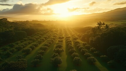 National Macadamia Nut Month. Hawaiian macadamia nut orchard at sunrise, morning mist, rows of trees stretching to horizon