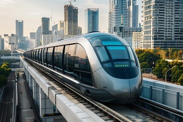 Naklejka premium A sleek, modern train travels on an elevated track through a dense cityscape. Tall buildings and a sunrise backdrop highlight efficient urban transit.
