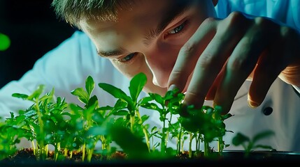Young researcher examining delicate seedlings in a lab setting with vibrant greenery in background