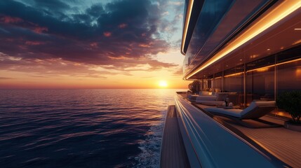 Obraz premium Luxury Yacht Cruise at Sunset Tranquil Ocean Views from a Modern Ship's Deck