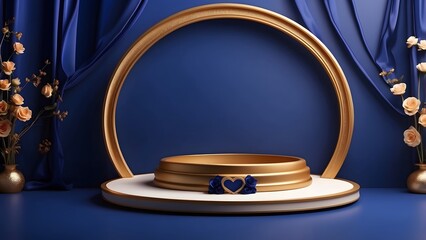round podium banner with empty space, royal blue luxury valentine day theme background