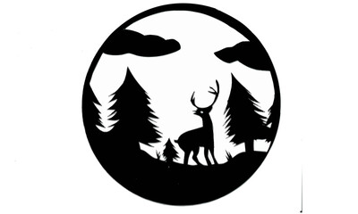 Deer in the forest - Hand cutted paper cut. Silhouette. Black.