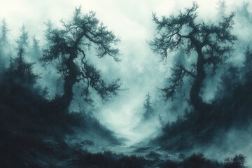 Fototapeta premium Mysterious fog envelops ancient trees in a serene forest landscape during twilight hours